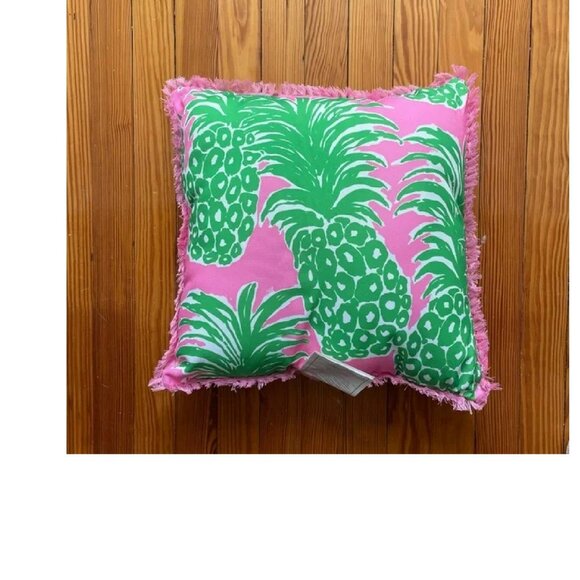 LILY PULITZER REVERSIBLE INDOOR OUTDOOR Pineapple PILLOW GREEN PINK GOLD WHITE - Picture 2 of 2